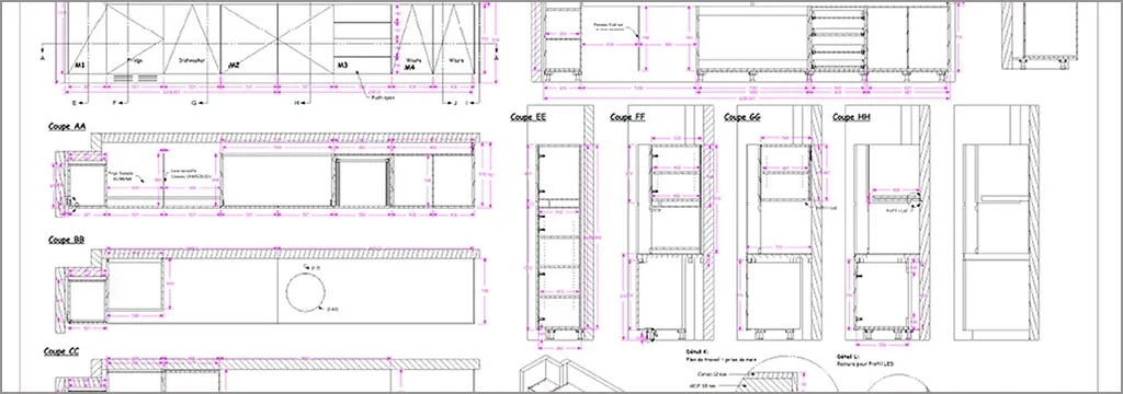 Technical drawing with multiple sections and elevations of woodwork, including dimensions shown in pink and labels for various parts.