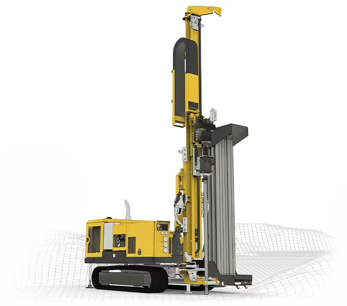 A yellow tracked drilling vehicle for industrial use, standing against a white background with a grid pattern on the ground behind it.