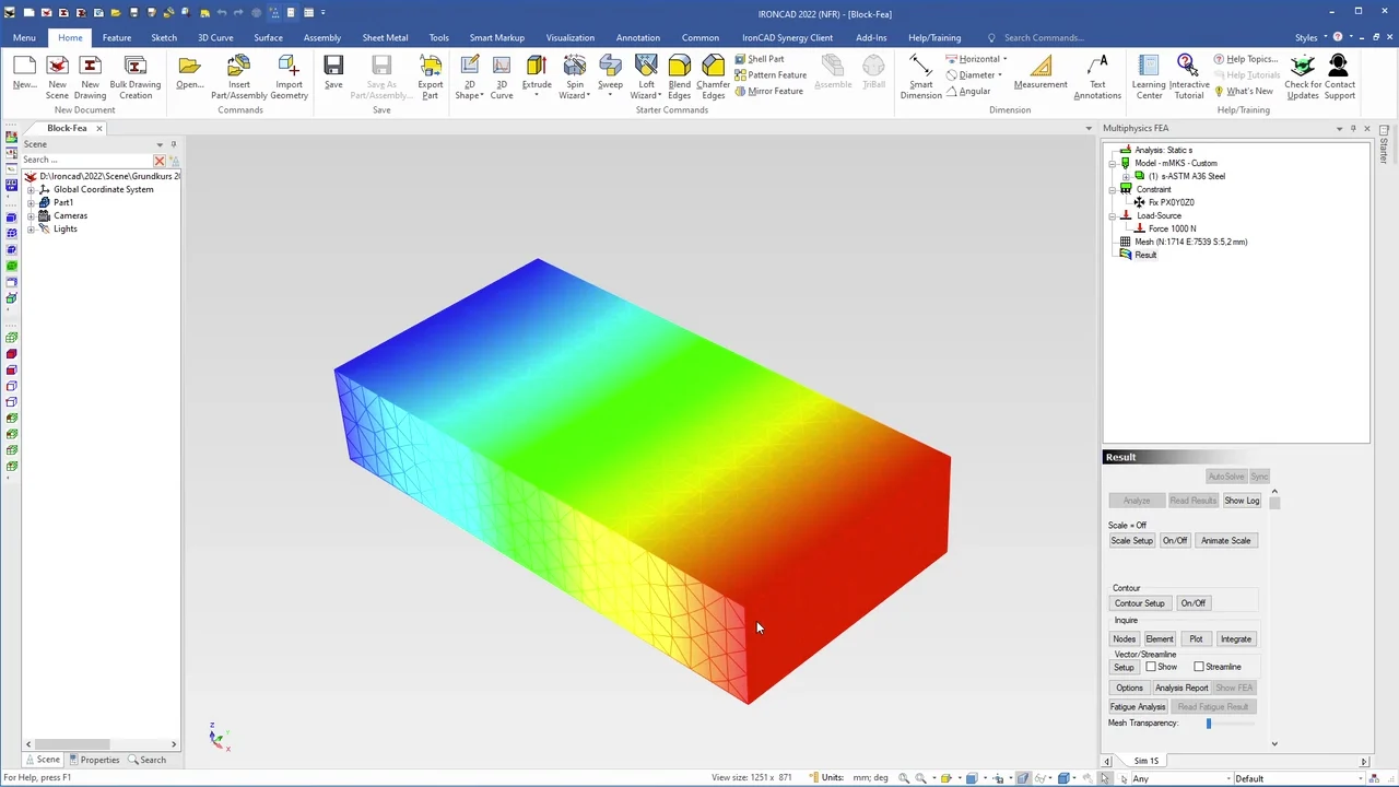 A computer model from the 2022 edition of * IRONCAD * shows a cylindrical block with a color scale ranging from blue to red that illustrates the stress or temperature distribution in a simulation, with menu bars and control panels for analysis settings surrounding the image.
