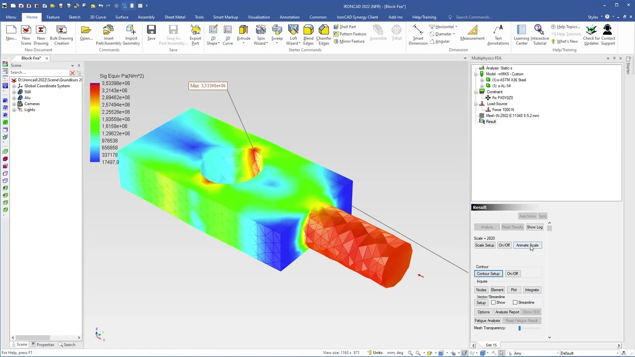 Screenshot from IronCAD 2022 showing a finite element analysis (FEA) of a mechanical part with color scales representing stress values in Pa (Newtons per square meter), where red indicates the highest stress and blue the lowest.