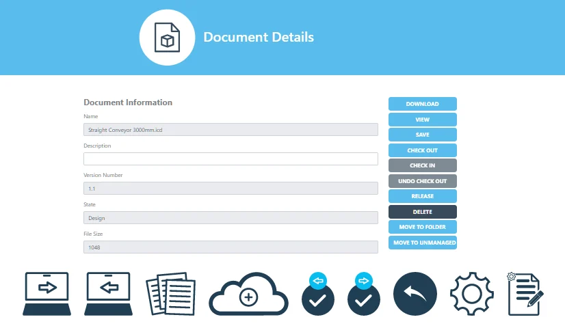 The document card in the " Synergy " Vault, showing the version number, status, and buttons for check-in, check-out, and release