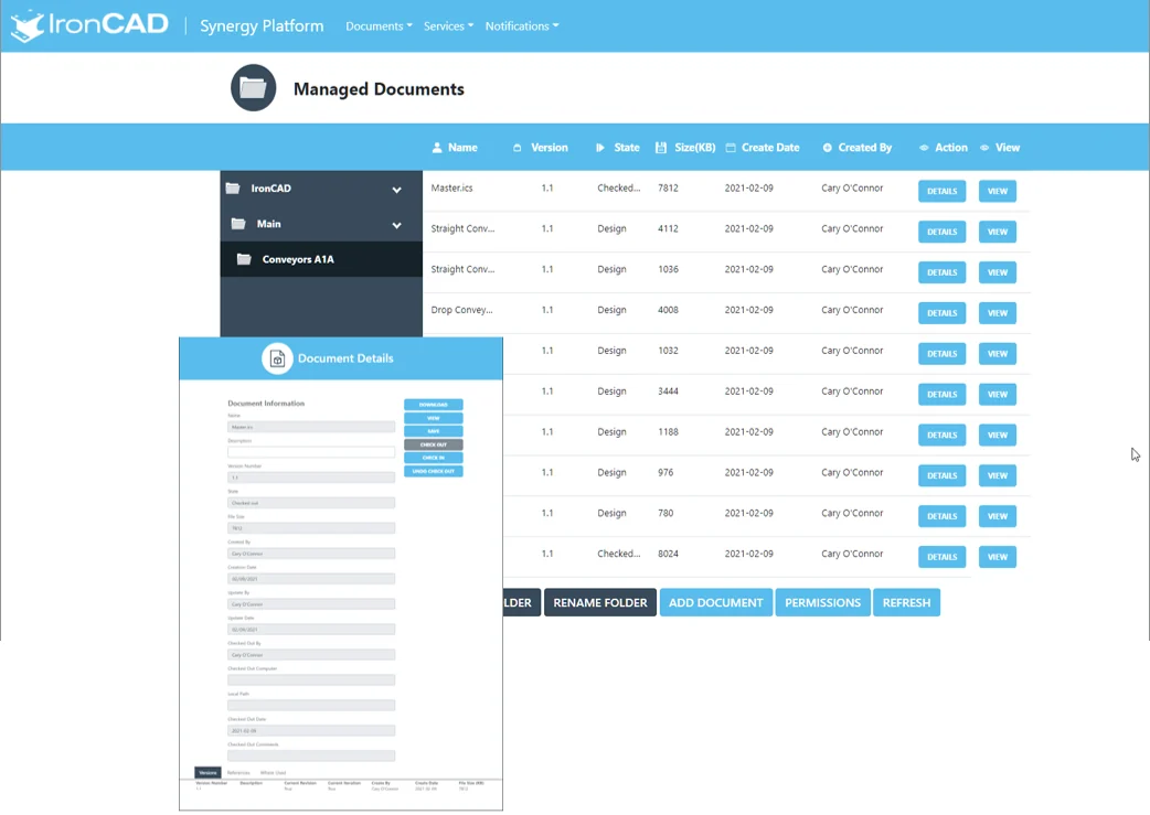 Managed Documents in Synergy Vault, file list showing version, status, size, and creator