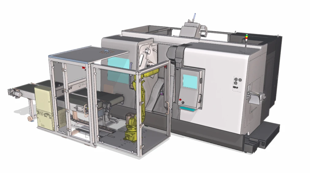 Robot cell with a yellow robot loading a CNC lathe