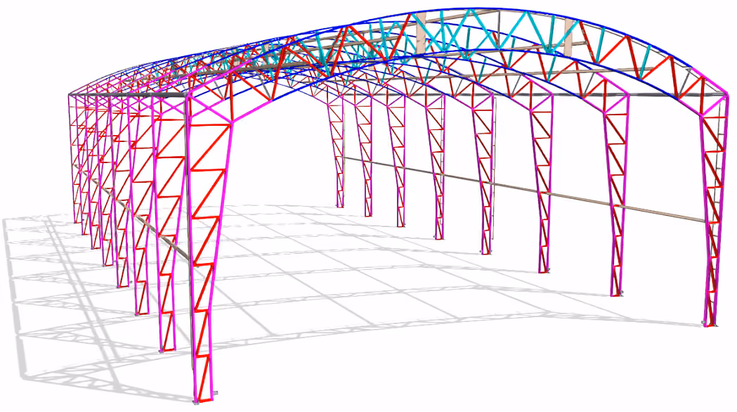 PMH-designed steel truss hall with arched roof trusses and truss columns, constructed of IRONCAD