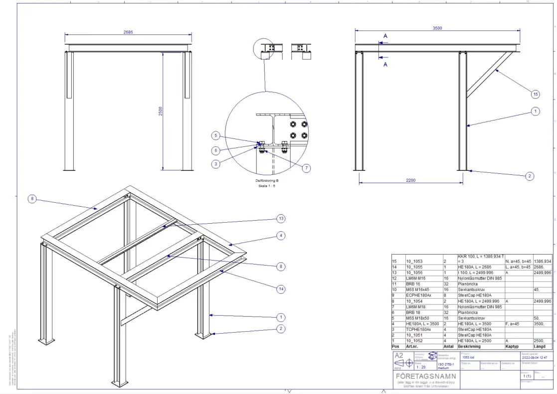Manufacturing drawing of a steel frame with views, detailed enlargements, and a bill of materials generated in IRONCAD