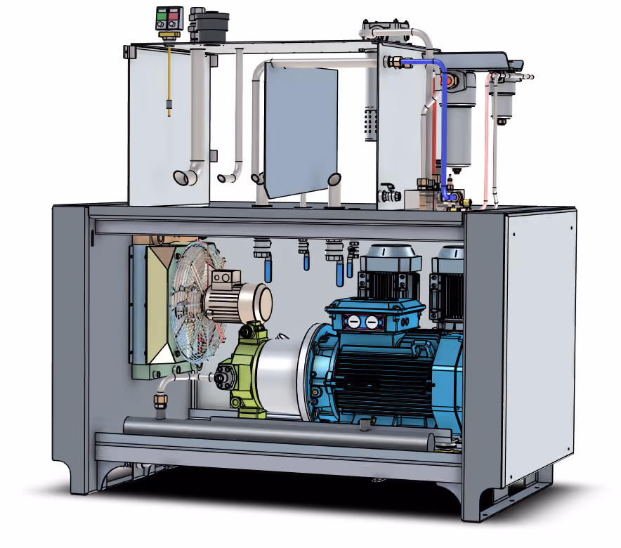Hydraulikaggregat med tank, motorer och pumpar samt genomskinligt ventilblock med färgade kanaler, konstruerat av Industrihydraulik i IRONCAD