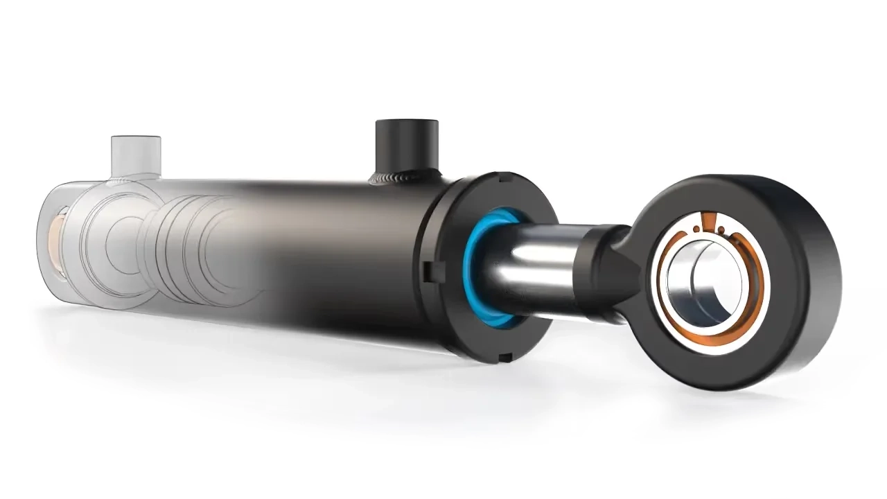 Hydraulcylinder med kolvstång, tätning och ändögla konstruerad i IRONCAD, delvis genomskinlig