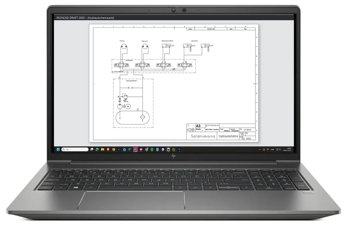Bärbar HP-dator med ett hydraulschema ritat i IRONCAD DRAFT: ventilpaket, cylindrar, motorer och pumpenhet på en A3-ritningsram