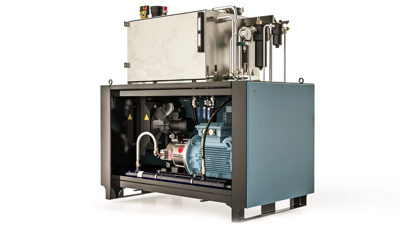 Komplett hydraulikaggregat med tank i rostfritt, elmotor, pump, fläkt, filter och manometer, konstruerat av Industrihydraulik i IRONCAD och renderat i KeyShot