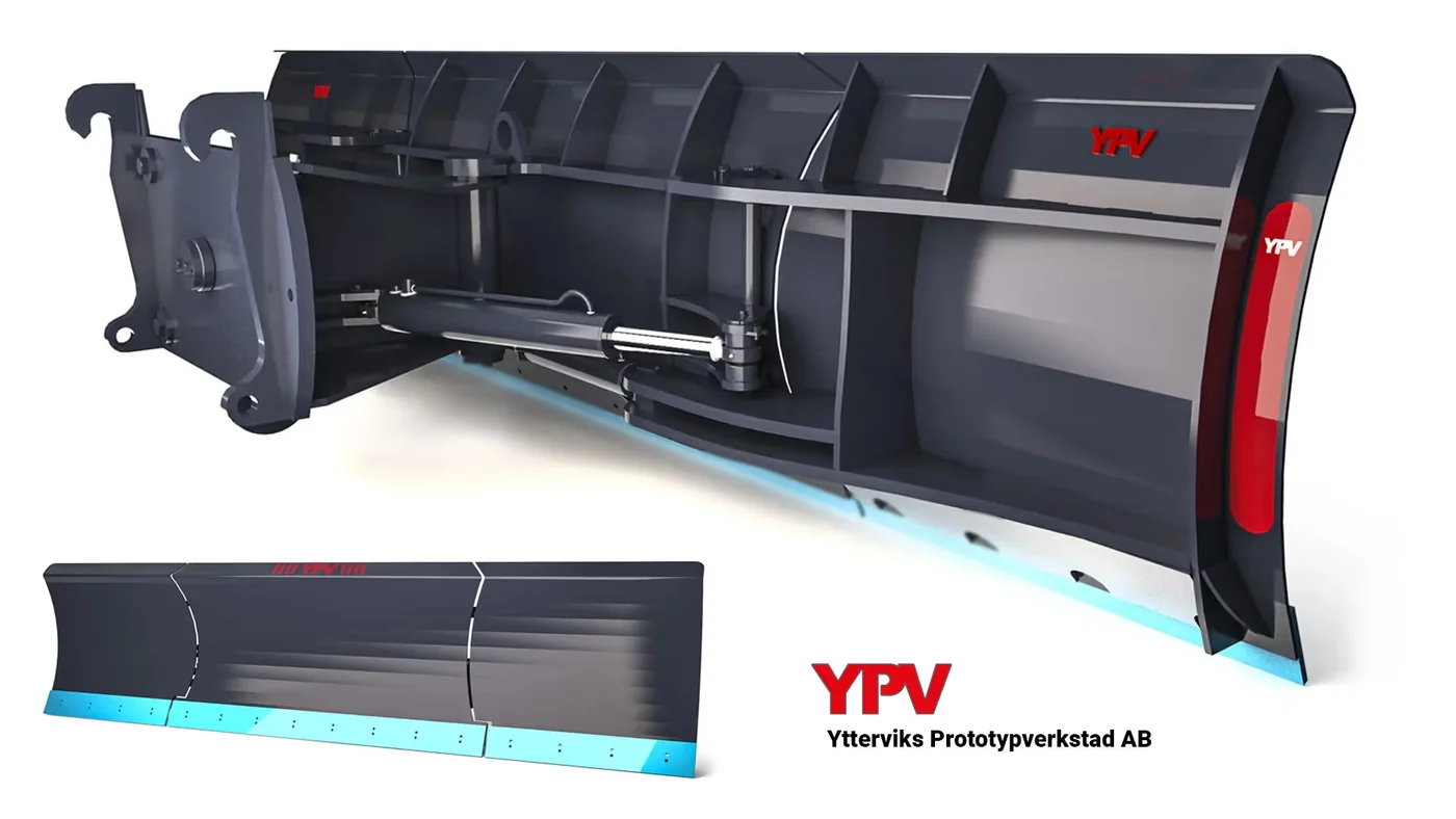 Snöplog från Ytterviks Prototypverkstad konstruerad i IRONCAD, med fäste, hydraulcylinder och utbytbara slitstål, renderad i KeyShot
