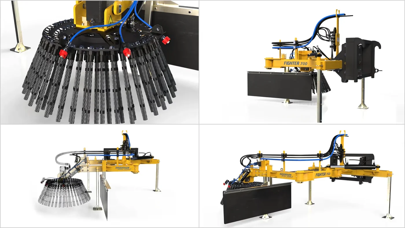 Ogräsborste Fighter 700 från Broddson konstruerad i IRONCAD och renderad i KeyShot, fyra vyer med hydraulslangar, borste och fäste