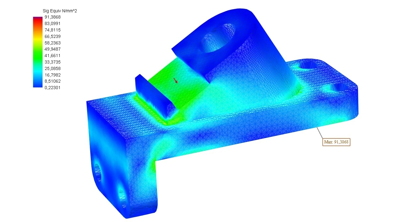 FEM-analys i MultiPhysics for IRONCAD: spänningsfördelning i ett fäste med färgskala och maxvärde markerat
