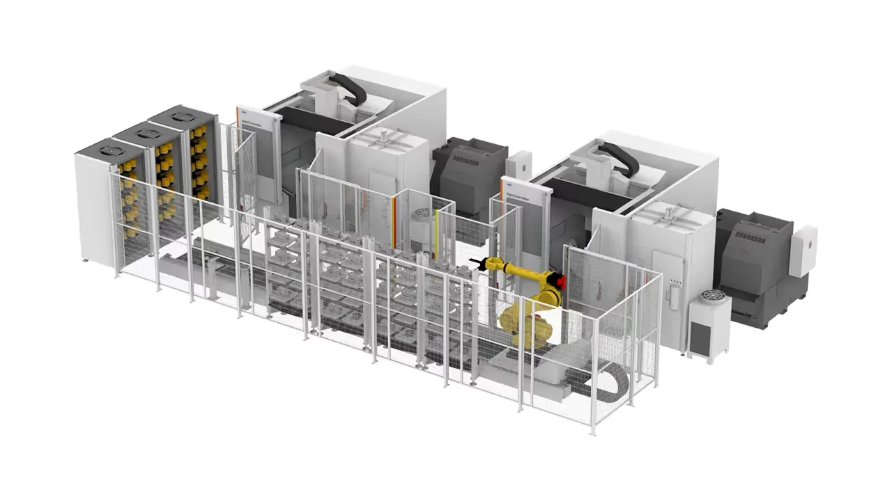 Robot cell from System 3R at IRONCAD: a robot on a rail between two imported CNC machines, with a guardrail, tool magazine, and pallet rack