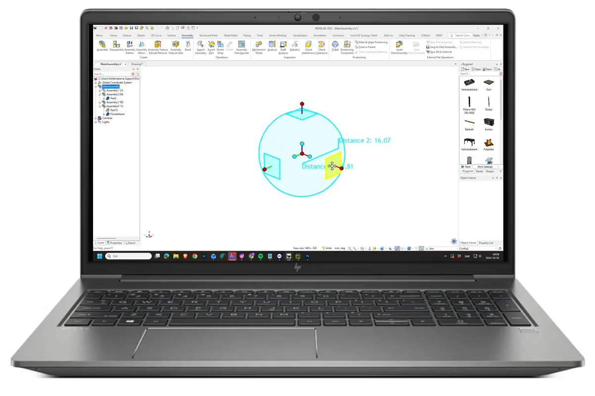 HP laptop with IRONCAD displaying TriBall, the tool for precisely moving, rotating, and copying objects in 3D