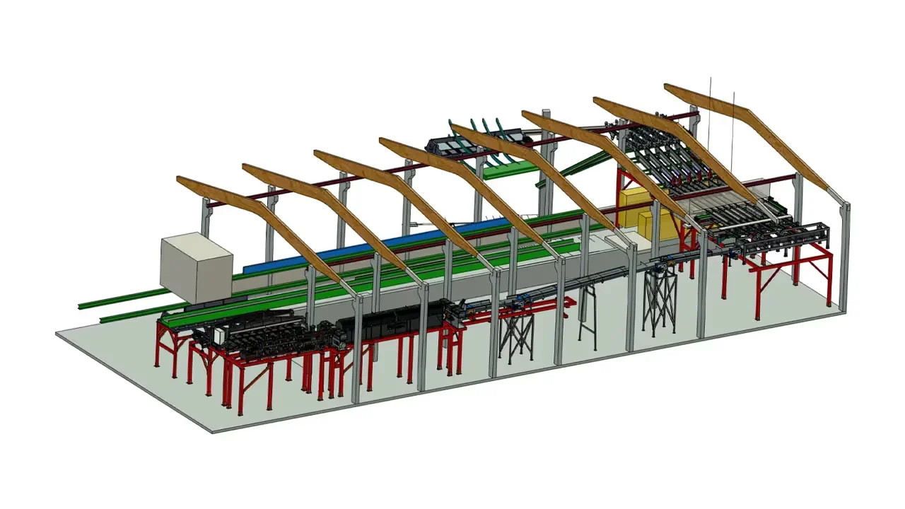Handling equipment for sawn lumber designed by Höga Kusten Teknikresurs in IRONCAD: chain conveyors, trusses, and lifting tables in a single hall