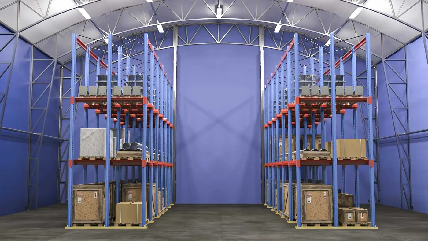 Warehouse with a steel frame, fabric walls, and pallet racks designed by PMH International in IRONCAD and rendered in KeyShot