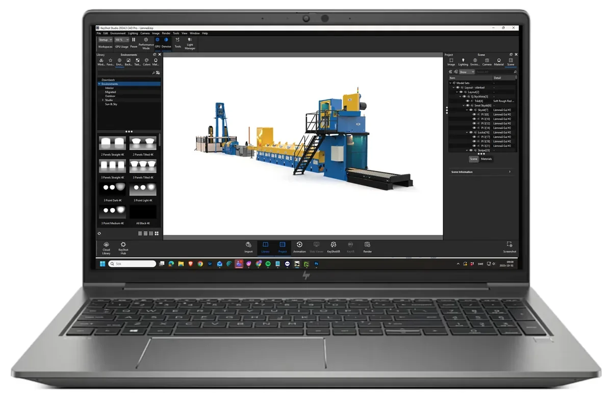 Bärbar HP-dator med KeyShot Studio som renderar en modell konstruerad i IRONCAD
