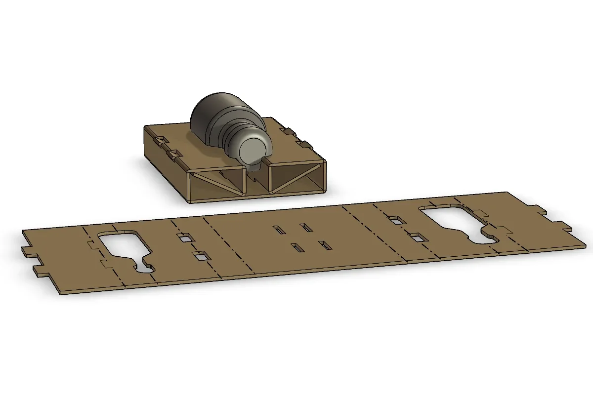 Wellpappinredning konstruerad runt en kundprodukt i IRONCAD, med den färdiga inredningen uppvikt och den utbredda versionen med skär- och bigglinjer bredvid