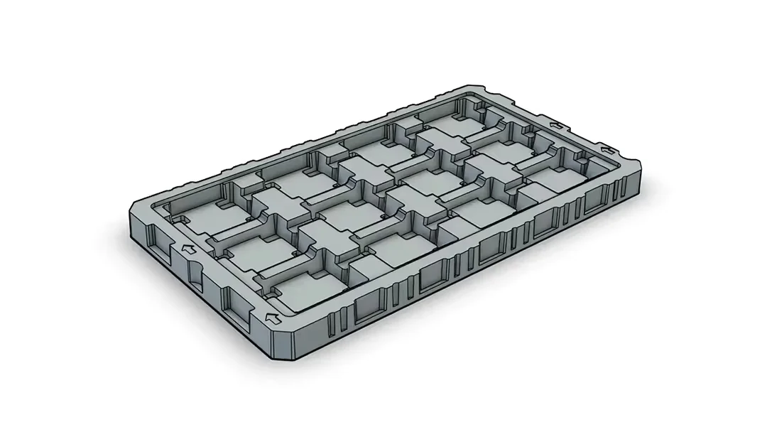 Termoformat plasttråg med fack för komponenter konstruerat av NEFAB i IRONCAD