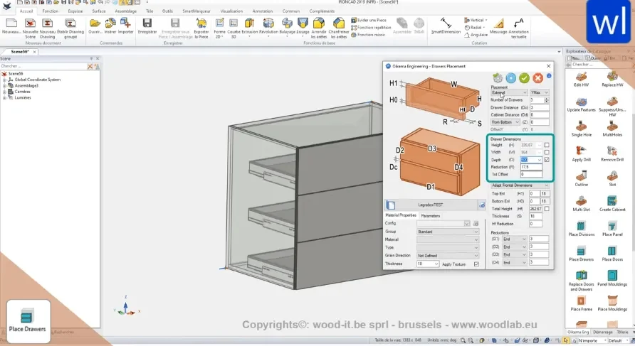 WoodLAB i IRONCAD med dialogen för lådplacering: antal lådor, höjd, djup och frontavstånd ställs in och visas direkt i 3D-modellen av skåpet
