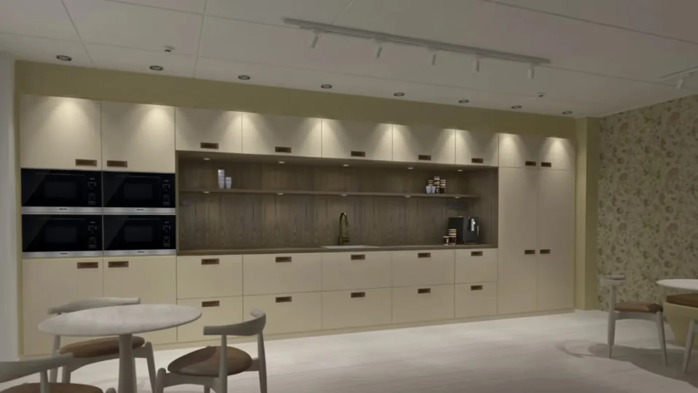 Rendering av ett platsbyggt pentry med ljusa luckor, inbyggda ugnar, hyllor i ek och spotlights, gjord i KeyShot från en IRONCAD-modell
