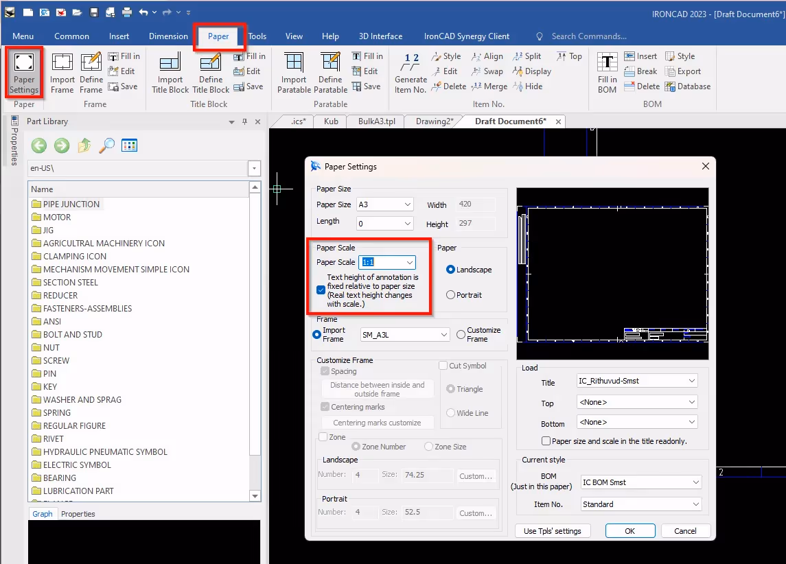 paper settings draft ironcad