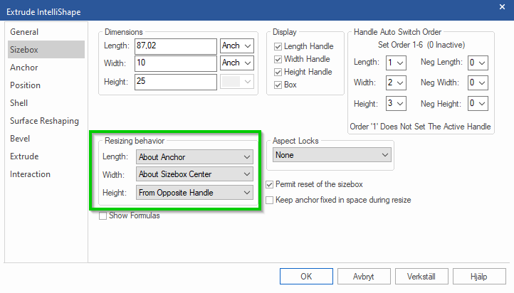 resizing behavior ironcad