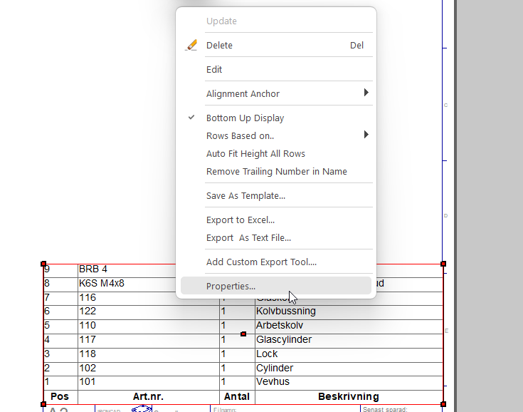 Properties BOM IRONCAD