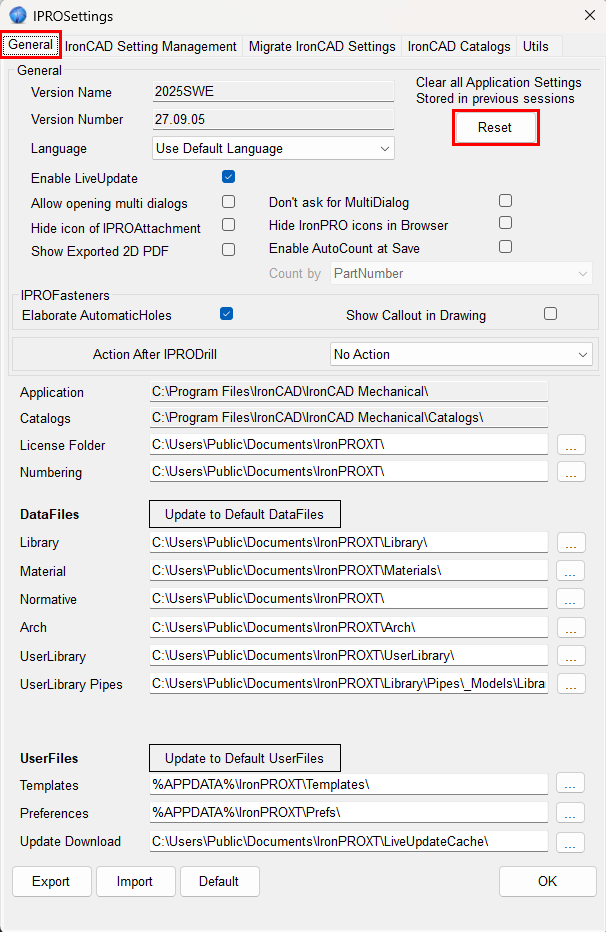 UI Of IronCAD Mechanical Clear All Application Settings Reset