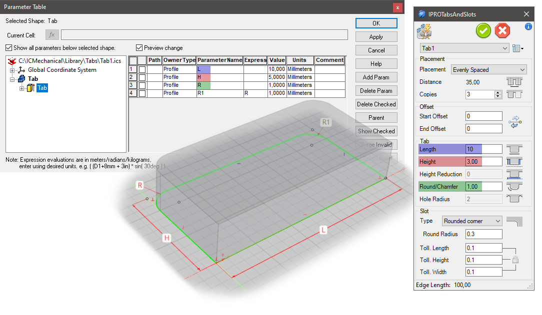 Create parameter for tabs in IRONCAD