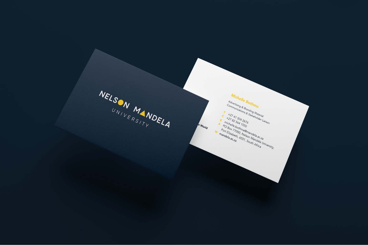 Creative Caterpillar client Nelson Mandela University business cards.