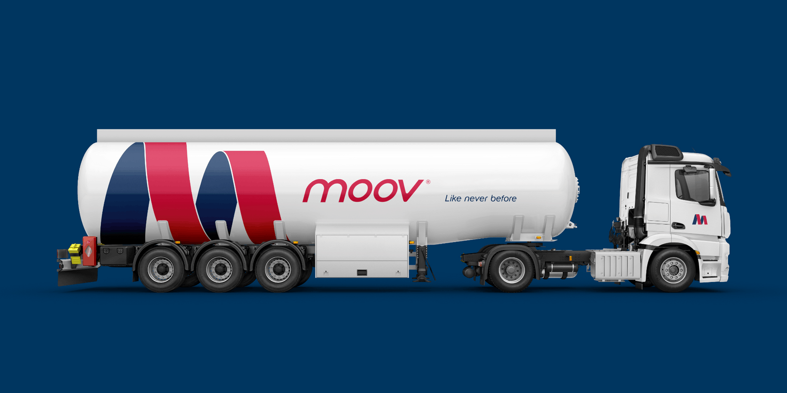 Creative Caterpillar client MOOV truck logo application.
