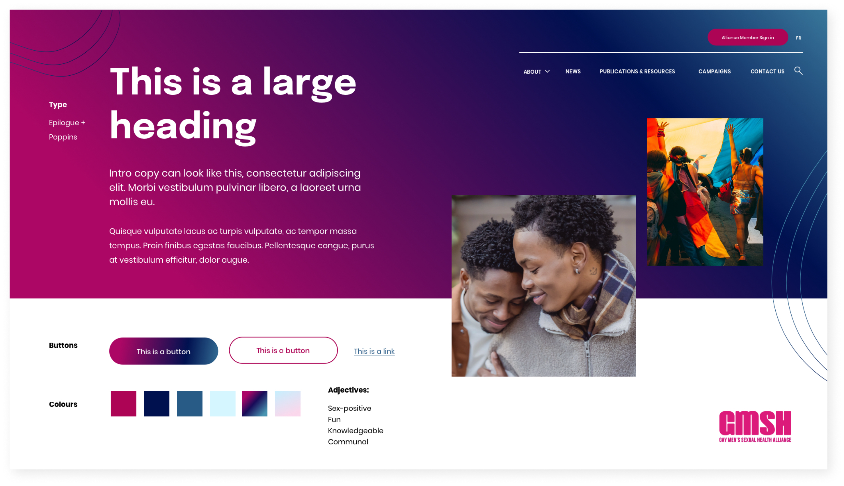 final style tile that was aproved by the cllient and that dictated the final look for the website. It uses vibrant pink and dark blue colour palate with accenting San Serif fonts and inclusive imagery of the local community that the GMSH serves. 