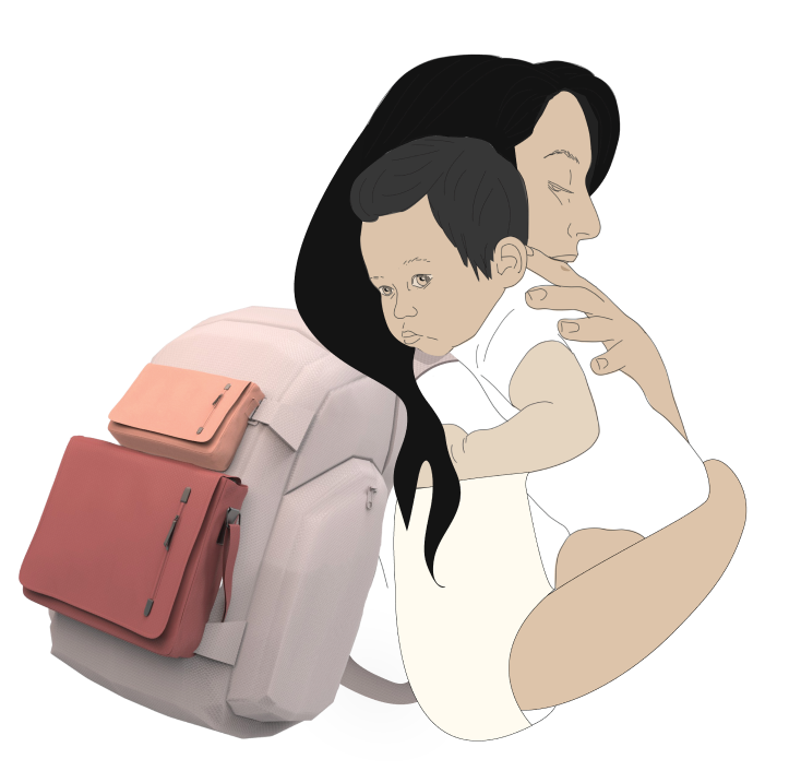 mother holding a child with a backpack that carries her care package.