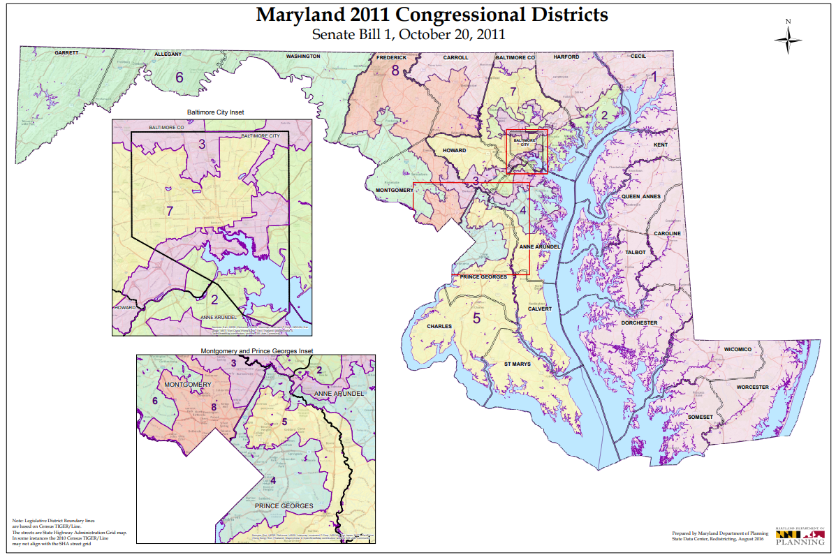 A cartographic map of Maryland 2011 congressional districts