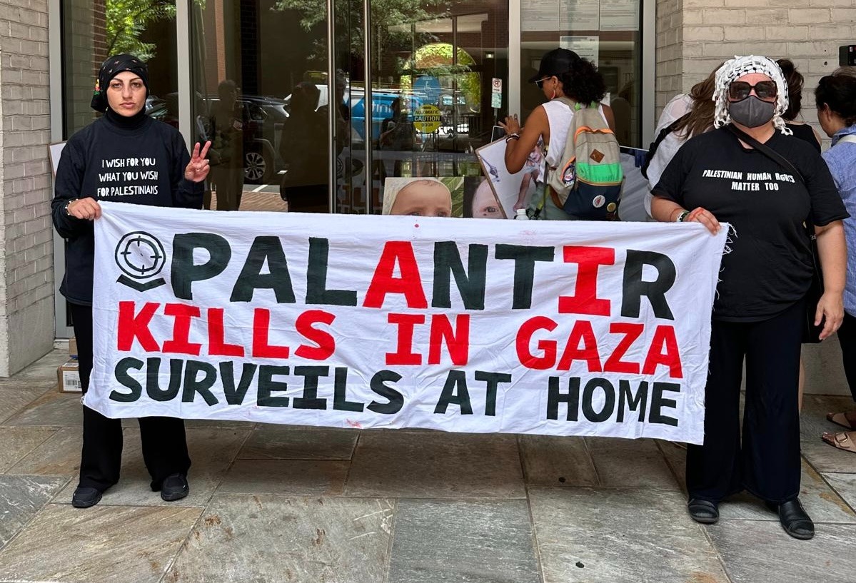 Anti-genocide protestors outside Palantir offices in Northern VA.