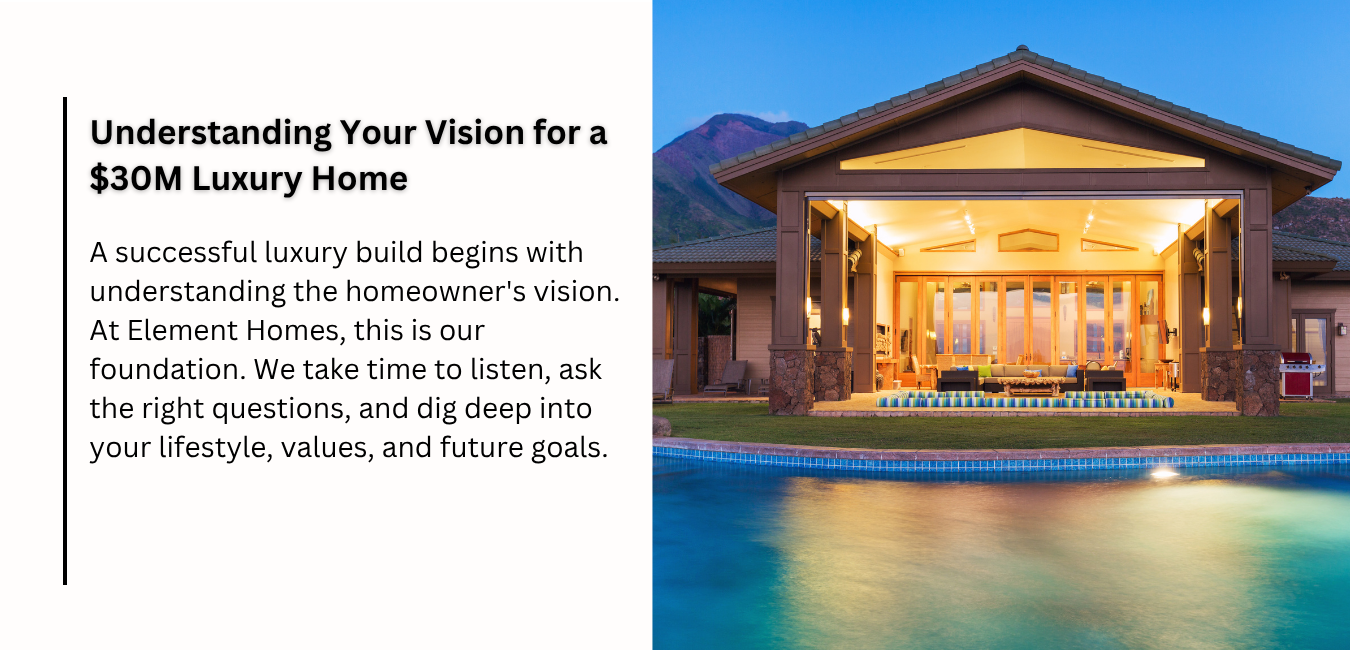 A luxury home design consultation, focusing on understanding the homeowner's vision for a $30M custom residence.