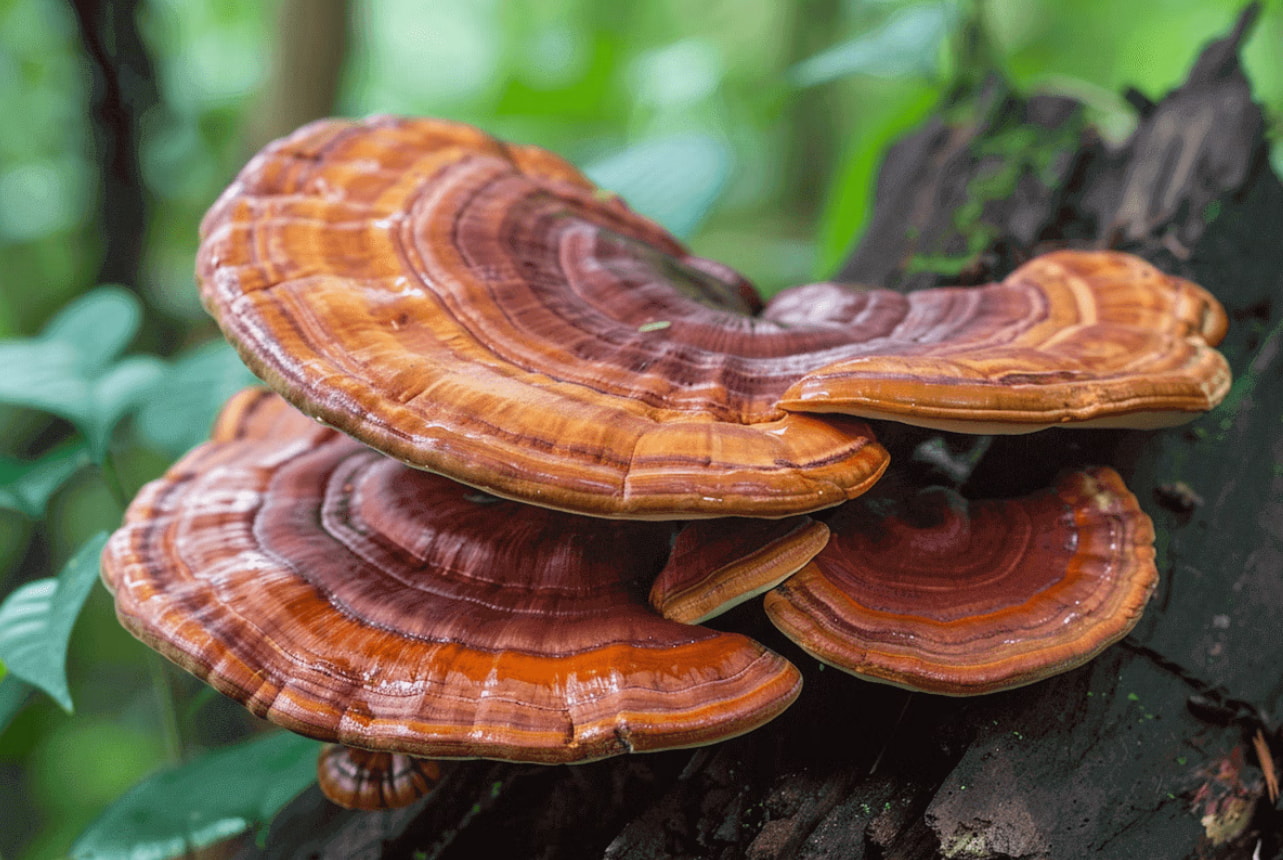 A cluster of mushrooms growing on the side of a tree trunk in a natural forest setting.