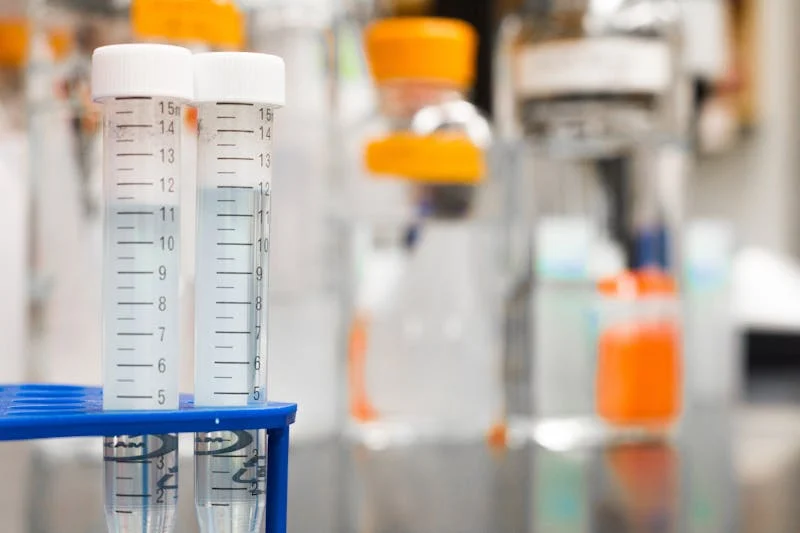 Close-up of two test tubes filled with colorful liquids, showcasing their contents and glass texture.