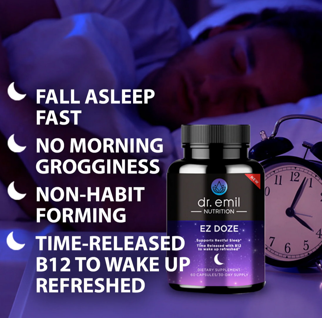 Dr. Emil's EZ Doze supplement bottle with a blue label, featuring a white cap and nutritional information on the side.  