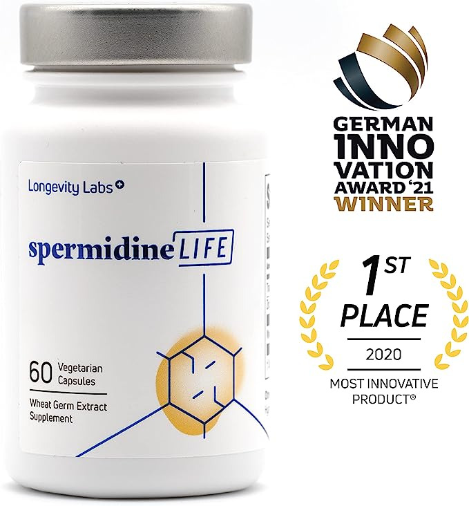 http://Bottle of Spermidine capsules with text showing an award for the product