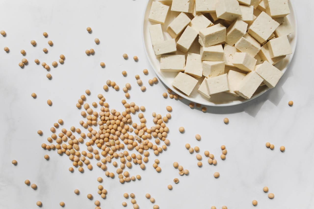 protein-packed soy  beans scattered around a bowl of cubed tofu