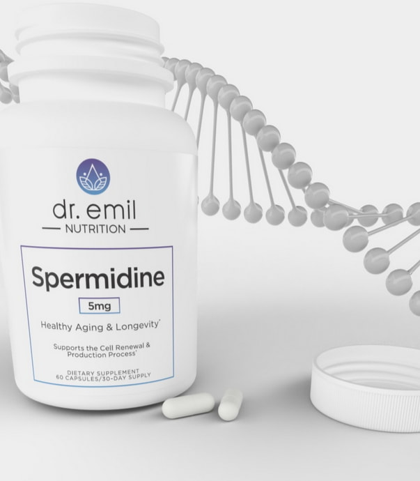 A bottle of spermidine beside a DNA strand, symbolizing the connection between supplements and genetic health.