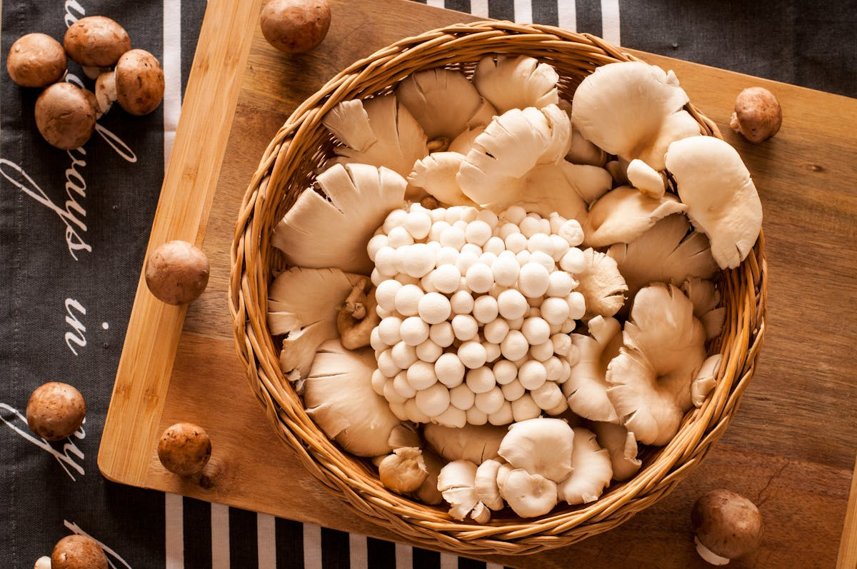cooking mushrooms in a wicker basket