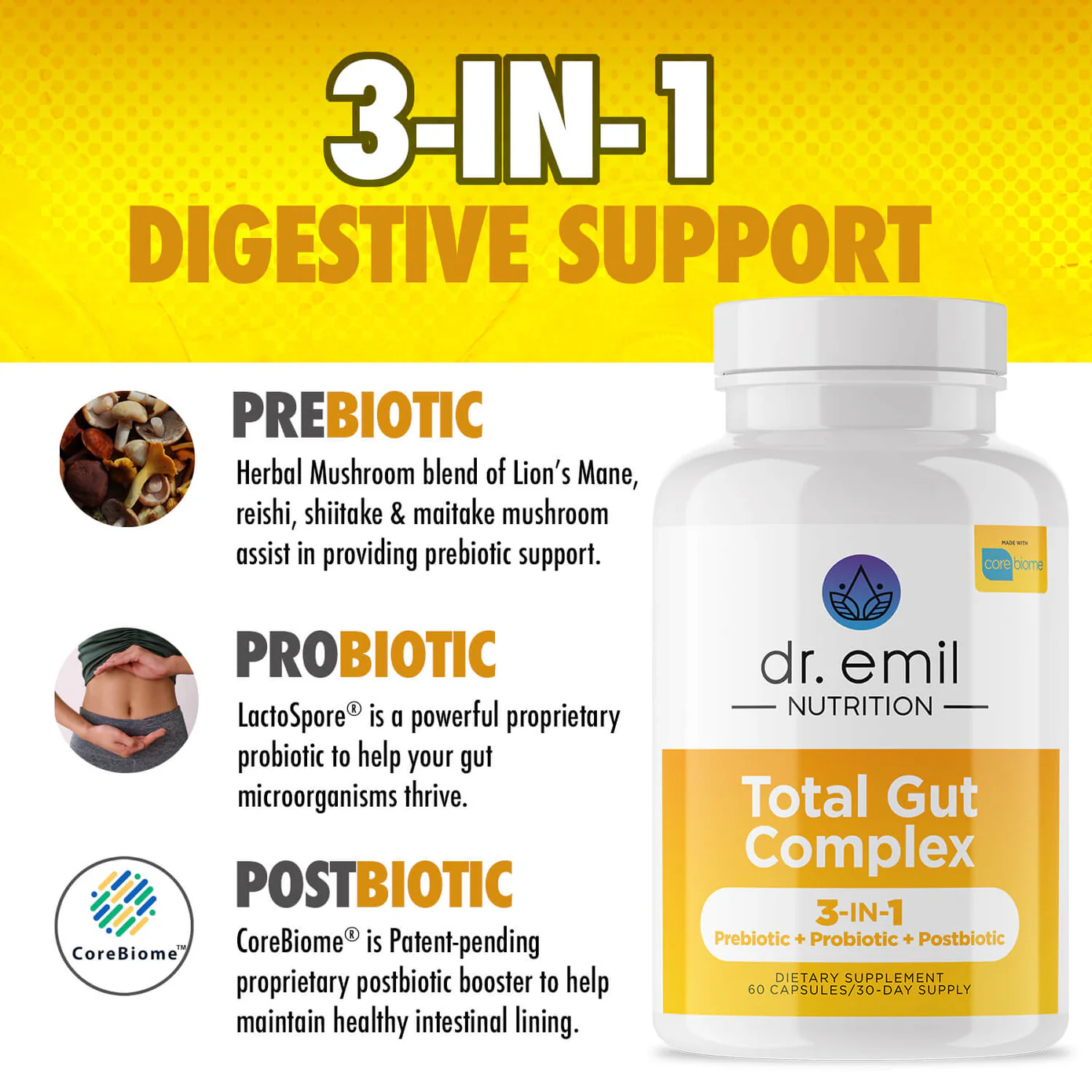 benefits of Dr. Emil total gut complex pre, pro, and post biotic supplement 