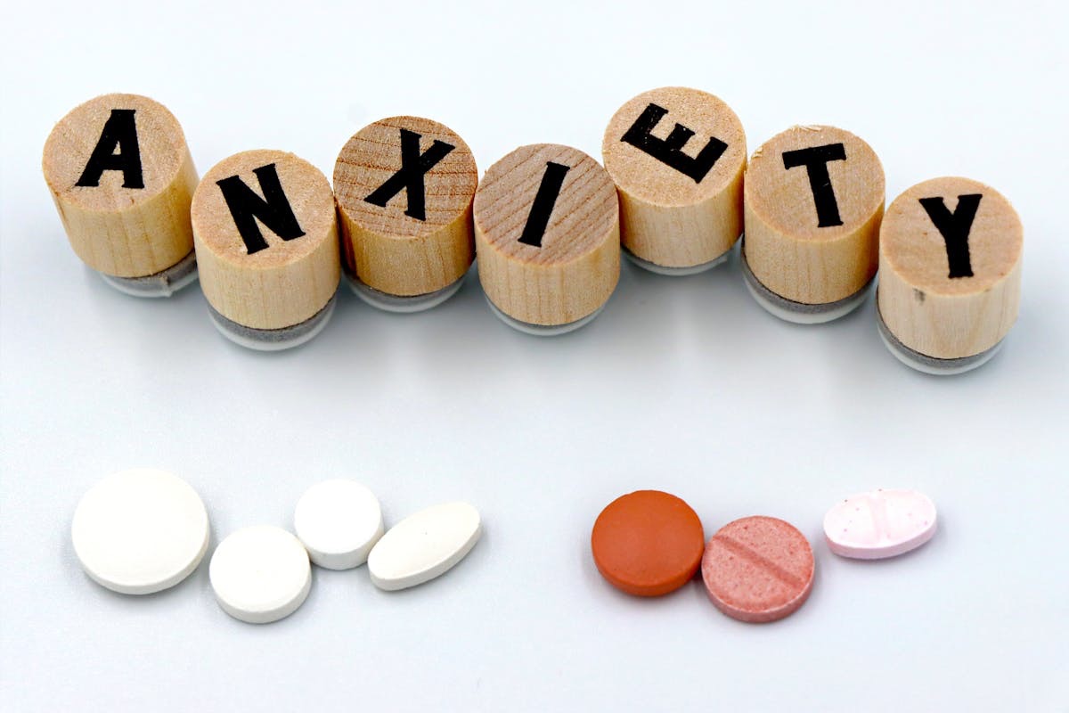 Anxiety spelled out over a line of anxiety medications