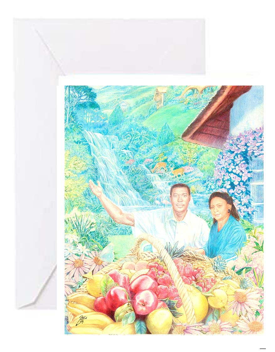 Unique fine art greeting card with matching envelope featuring the original portrait artwork of Roger Leonard Long. Custom image outside and blank inside to include your personalized message.
Card features:
- Print of "All Things New" portrait by artist Roger Leonard Long
- 5" x 7" envelope for easy use
- High quality white card stock paper
- Individual cellophane wrap