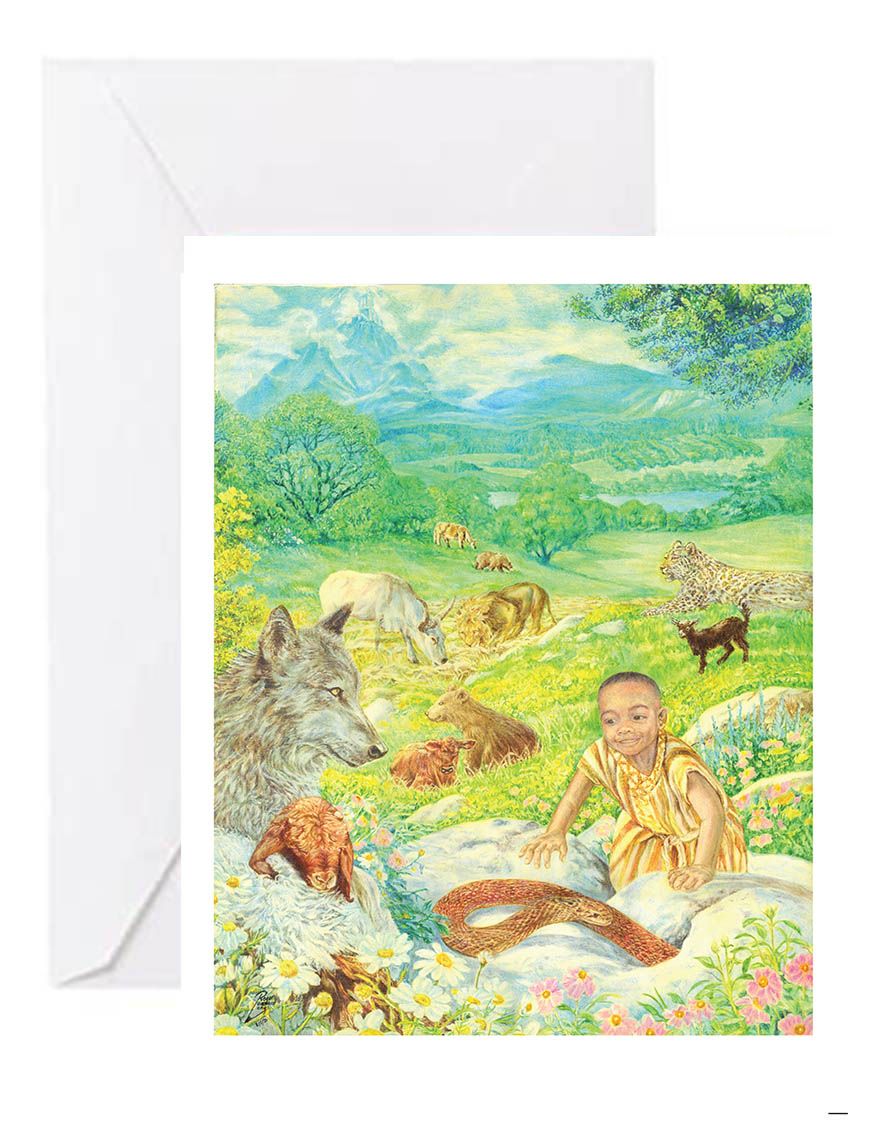 Unique fine art greeting card with matching envelope featuring the original portrait artwork of Roger Leonard Long. Custom image outside and blank inside to include your personalized message.
Card features:
- Print of "Paradise (Isa. 11:6-9)" portrait by artist Roger Leonard Long
- 5" x 7" envelope for easy use
- High quality white card stock paper
- Individual cellophane wrap