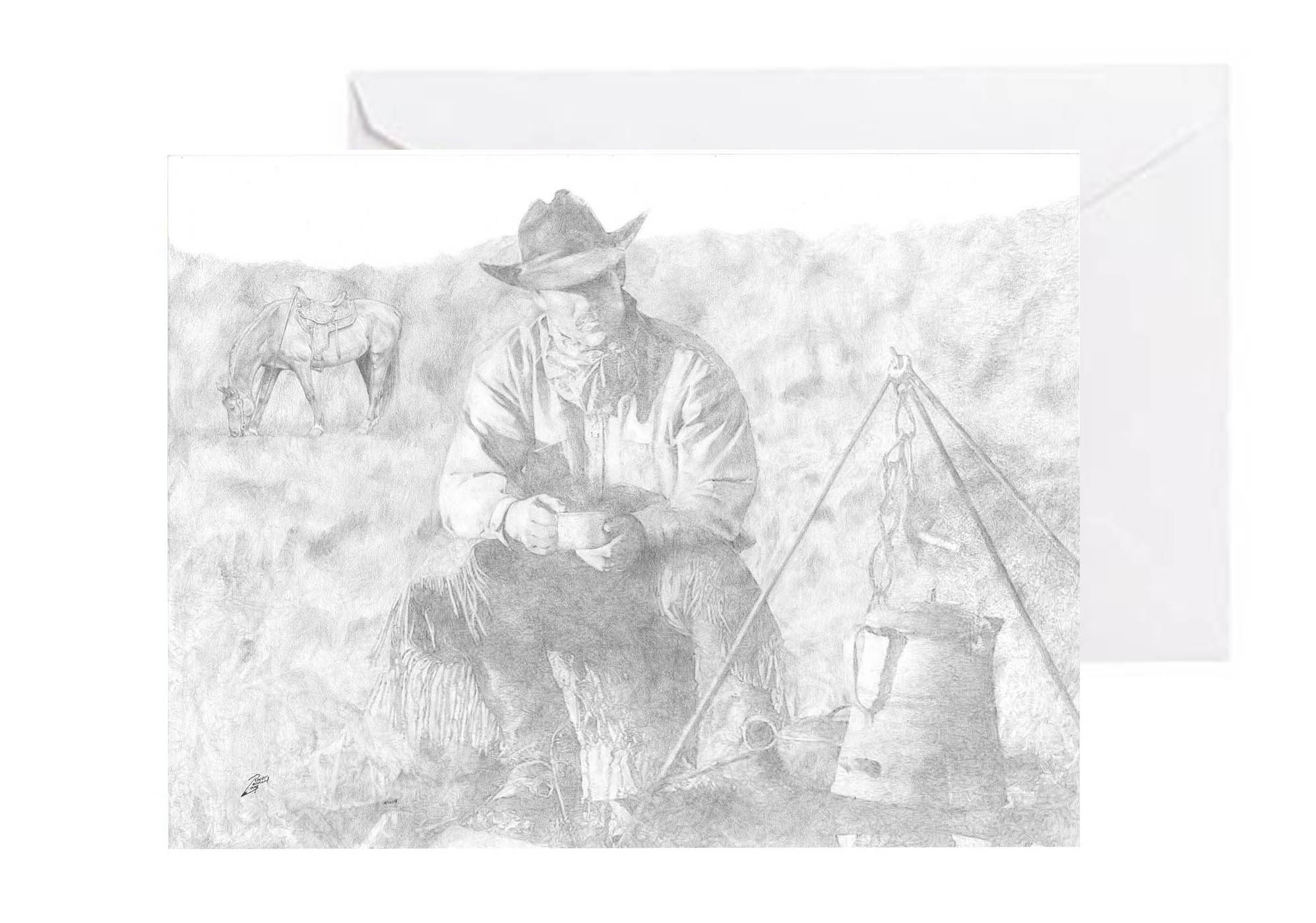 Unique fine art greeting card with matching envelope featuring the original portrait artwork of Roger Leonard Long. Custom image outside and blank inside to include your personalized message.
Card features:
- Print of "Coffee Cowboy" portrait by artist Roger Leonard Long
- 5" x 7" envelope for easy use
- High quality white card stock paper
- Individual cellophane wrap