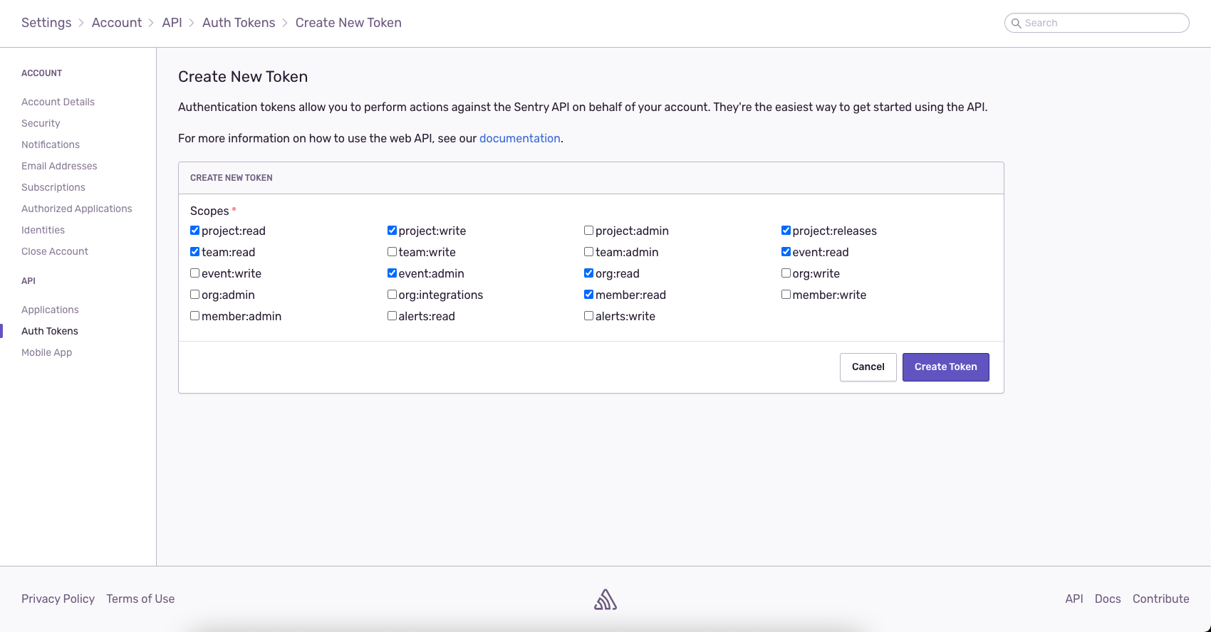 Choice of scopes to select before creating a sentry token.